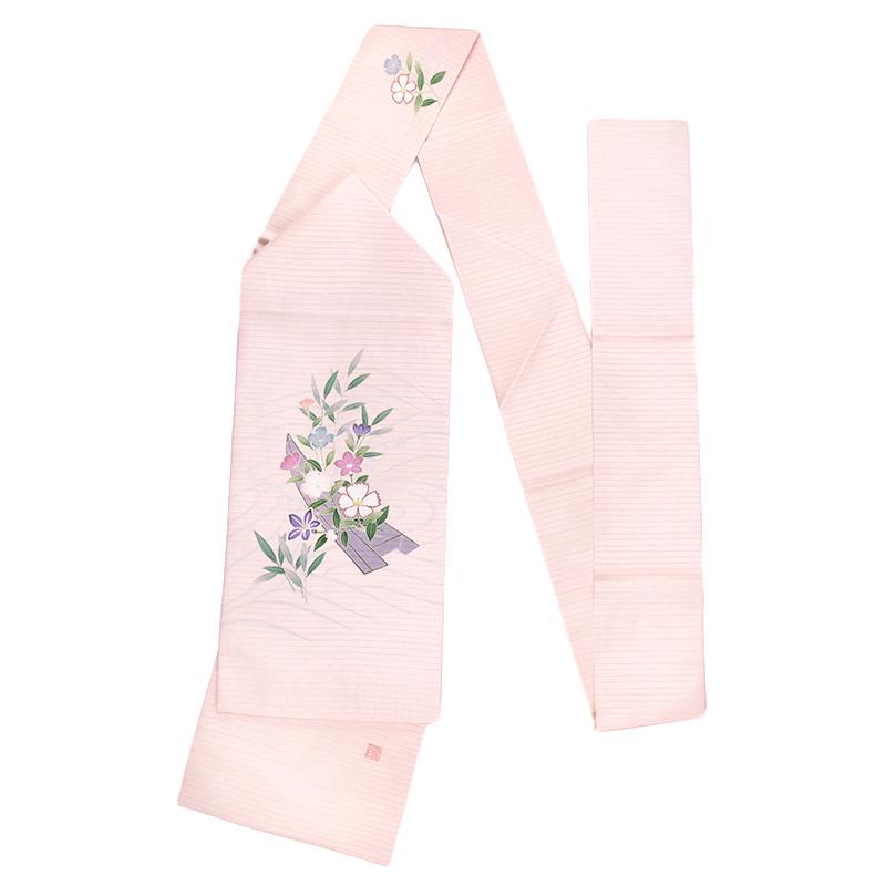 夏物 名古屋帯 九寸 夏帯 十日町友禅 塩瀬 秀美 絽 ピンク 撫子 桔梗 花船 正絹 本加工友禅 お洒落着 五泉 お洒落着 カジュアル No.6-1766の画像
