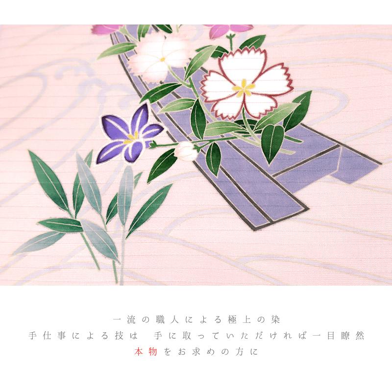 夏物 名古屋帯 九寸 夏帯 十日町友禅 塩瀬 秀美 絽 ピンク 撫子 桔梗 花船 正絹 本加工友禅 お洒落着 五泉 お洒落着 カジュアル No.6-1766の画像