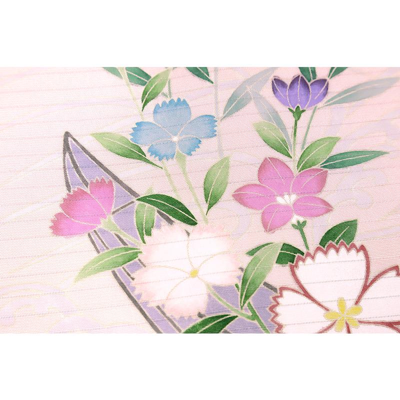 夏物 名古屋帯 九寸 夏帯 十日町友禅 塩瀬 秀美 絽 ピンク 撫子 桔梗 花船 正絹 本加工友禅 お洒落着 五泉 お洒落着 カジュアル No.6-1766の画像