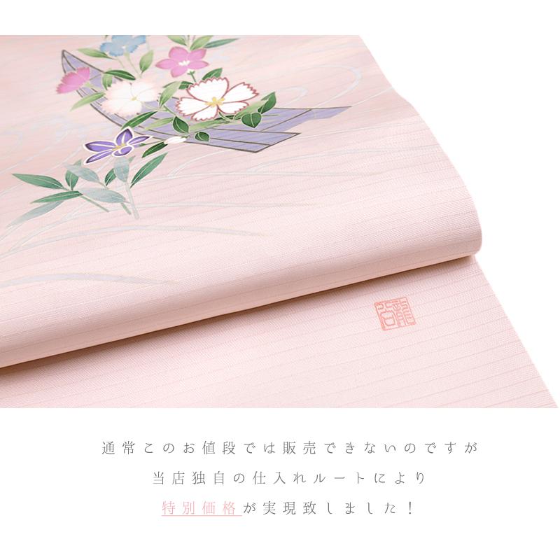夏物 名古屋帯 九寸 夏帯 十日町友禅 塩瀬 秀美 絽 ピンク 撫子 桔梗 花船 正絹 本加工友禅 お洒落着 五泉 お洒落着 カジュアル No.6-1766の画像