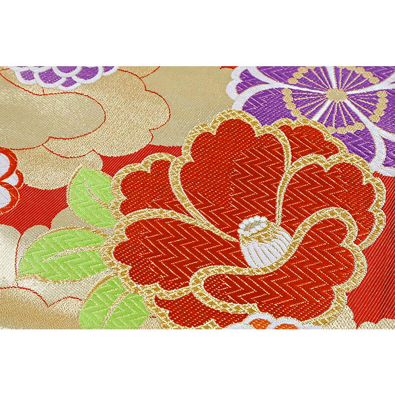 袋帯 正絹 中古 全通 赤 紫 水色 オレンジ 白 緑 金糸 牡丹 菊 桜 椿 