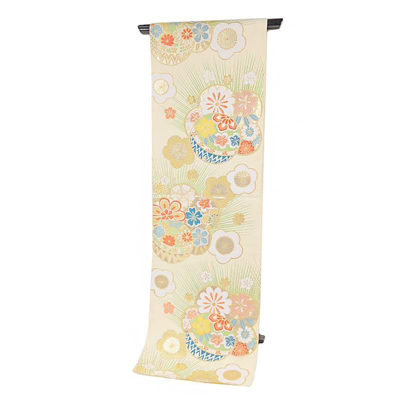 袋帯 正絹 中古 全通 クリーム色 オレンジ 青 黄色 金糸 鞠 梅 桜 菊