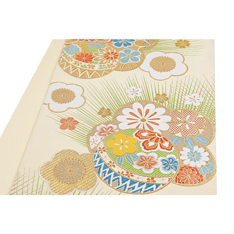 袋帯 正絹 中古 全通 クリーム色 オレンジ 青 黄色 金糸 鞠 梅 桜 菊