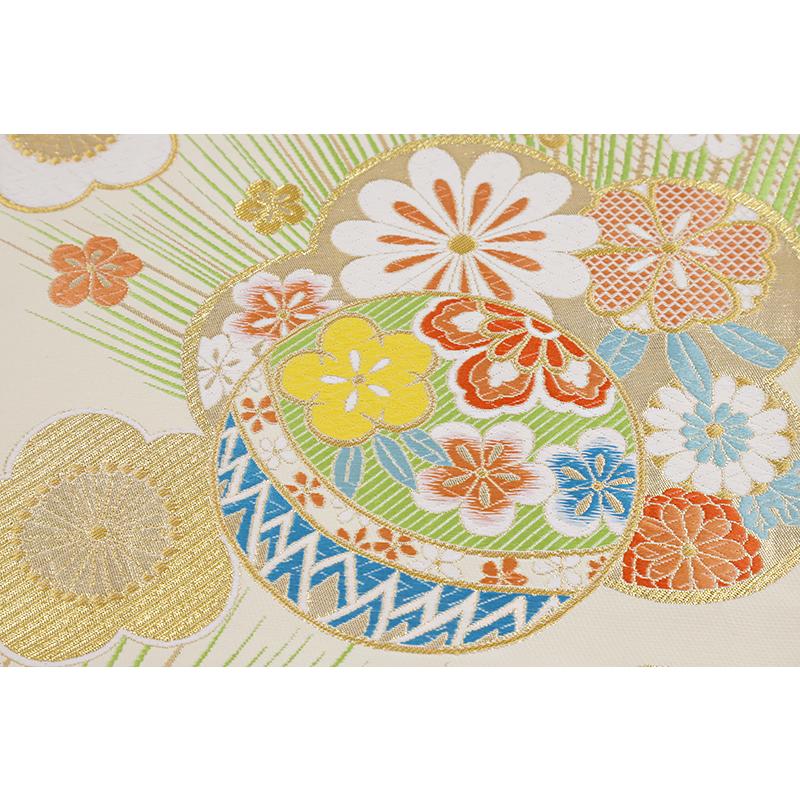 袋帯 正絹 中古 全通 クリーム色 オレンジ 青 黄色 金糸 鞠 梅 桜 菊