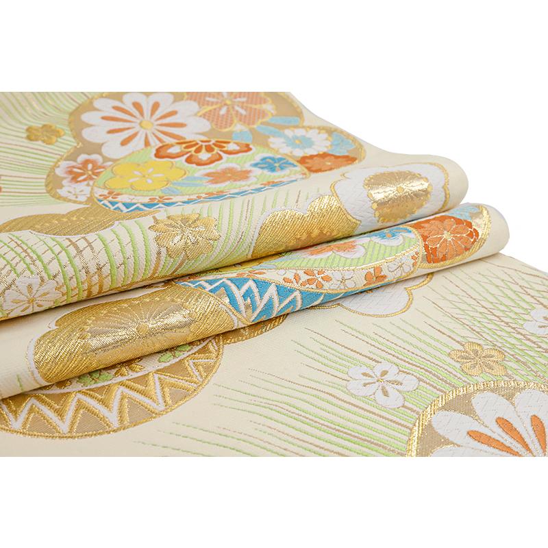袋帯 正絹 中古 全通 クリーム色 オレンジ 青 黄色 金糸 鞠 梅 桜 菊