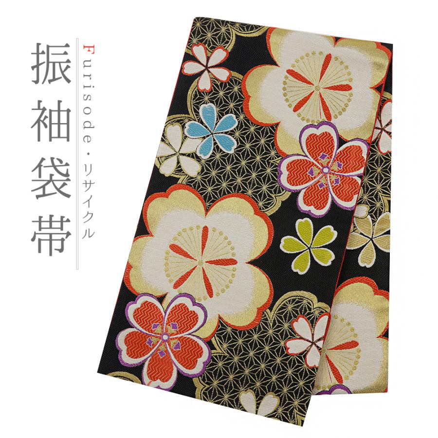 袋帯 正絹 中古 全通 黒 赤 オレンジ ピンク 水色 黄色 金糸 梅