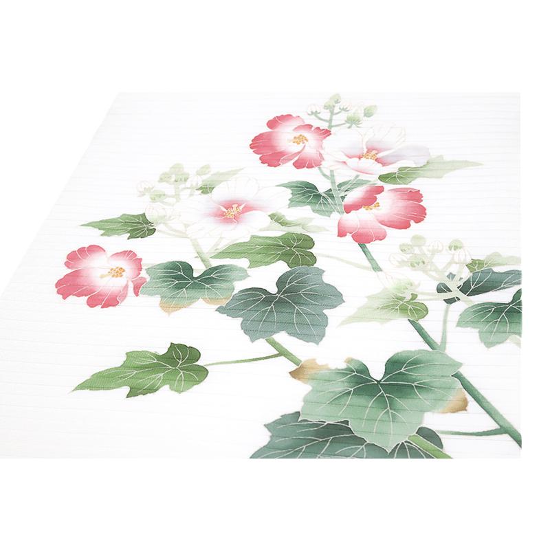 名古屋帯 夏物 十日町友禅 塩瀬 秀美 絽 白地 芙蓉 フヨウ 九寸 正絹 着物 本加工友禅 お洒落着 五泉 お洒落着 カジュアル No.6-1894の画像