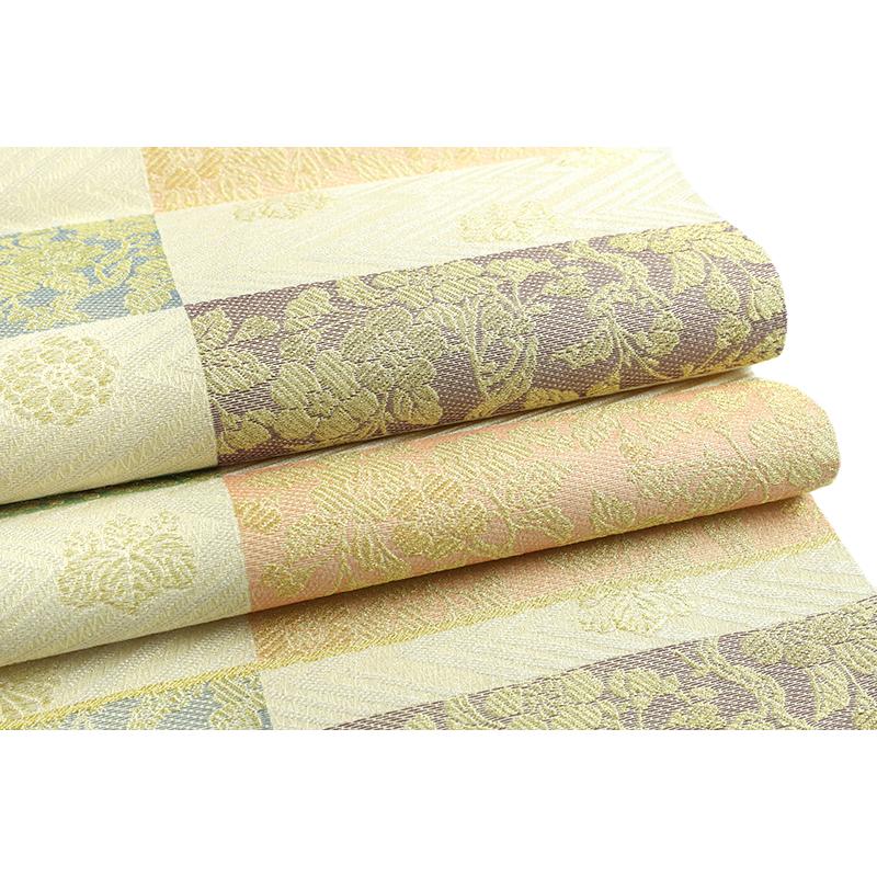 袋帯：唐織美品：カラフル波と金色桜：正絹クリーム色：六通：S-37 山口美術織物 袋帯 正絹 桜 唐織 吉永小百合 クリーム色 金糸 市松 花