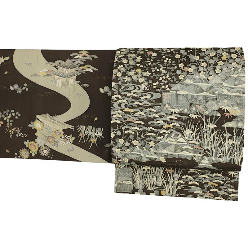 しょうざん 生紬 袋帯 正絹 野蚕紬 茶や辻 茶 花 松 竹 梅 笹 杜若 タッサーシルク 仕立て上がり 着物 カジュアル お洒落 六通 No.6-1900の画像