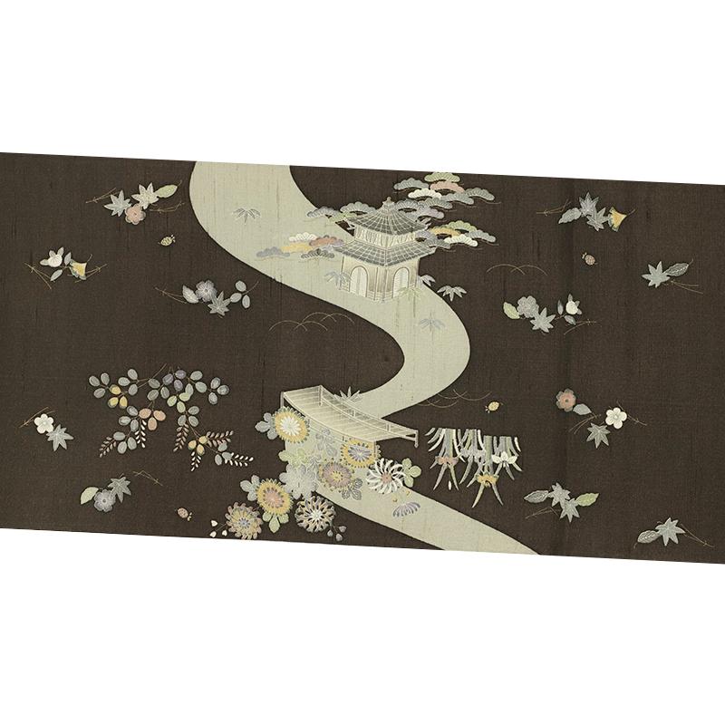 しょうざん 生紬 袋帯 正絹 野蚕紬 茶や辻 茶 花 松 竹 梅 笹 杜若 タッサーシルク 仕立て上がり 着物 カジュアル お洒落 六通 No.6-1900の画像