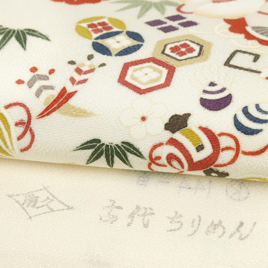 名古屋帯 秀美 正絹 白地 宝尽くし カジュアル 仕立て上がり 手描友禅 お洒落 九寸 古代ちりめん No.6-2164の画像