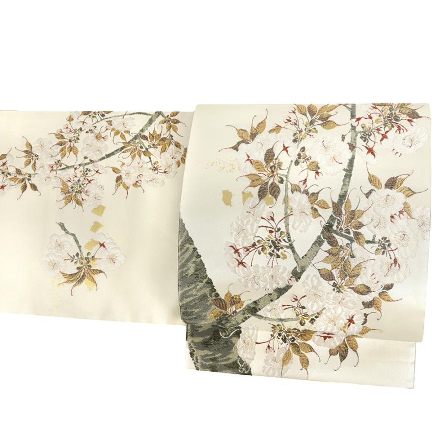 袋帯 正絹 浅山織物 真珠箔 白地 生成 桜 桜の木 西陣織 唐織 金糸 六