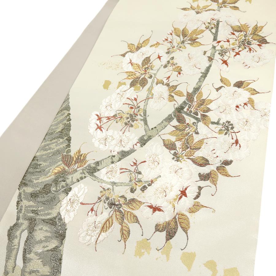 袋帯 正絹 浅山織物 真珠箔 白地 生成 桜 桜の木 西陣織 唐織 金糸 六