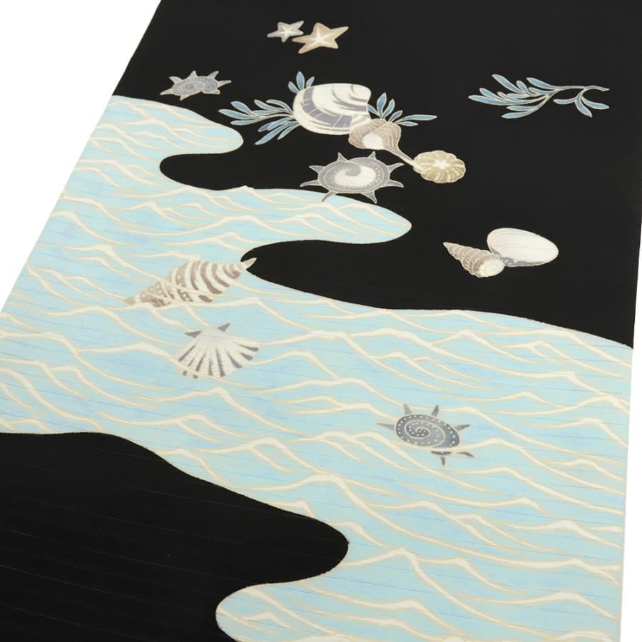 名古屋帯 秀美 黒 正絹 絽 海 貝殻 波 流水 観世水 カジュアル 仕立て上がり 夏物 お洒落 九寸 帯 No.6-2211の画像