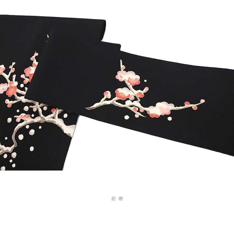 名古屋帯 秀美 正絹 黒 梅 雪持ち 浜ちりめん 十日町友禅 新品 九寸 カジュアル 仕立て上がり No.6-2549の画像
