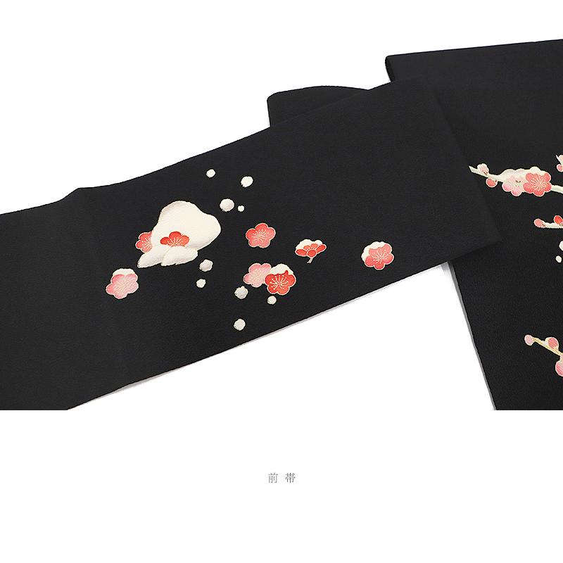名古屋帯 秀美 正絹 黒 梅 雪持ち 浜ちりめん 十日町友禅 新品 九寸 カジュアル 仕立て上がり No.6-2549の画像