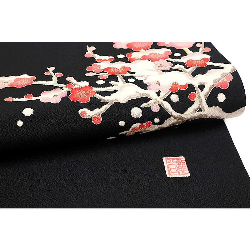 名古屋帯 秀美 正絹 黒 梅 雪持ち 浜ちりめん 十日町友禅 新品 九寸 カジュアル 仕立て上がり No.6-2549の画像