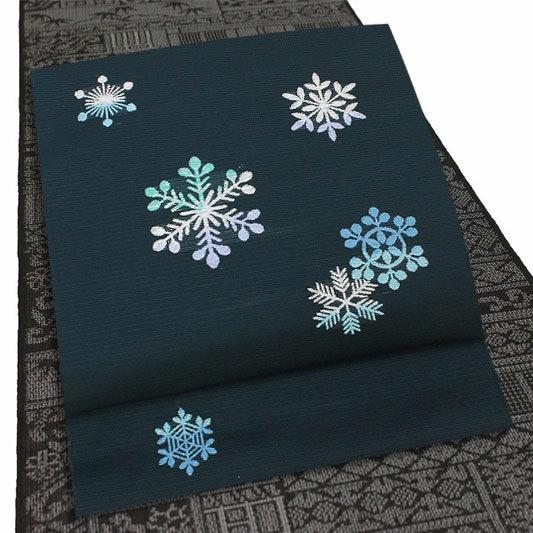 夏物 名古屋帯 龍村 紗 濃深緑 結晶 雪の結晶 雪の華 雪 友禅染 正絹 