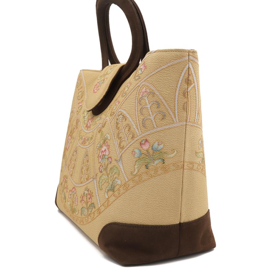 OKAJIMA 和装 バッグ 未使用 和装バッグ 美品 逸品 OKAJIMA 花唐草 金彩 縮緬 ベージュ 正絹