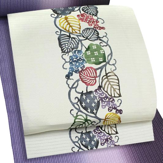 紅型染 名古屋帯 夏物 絽 白地 カジュアル 葡萄 唐草 塩瀬 五泉 江戸  