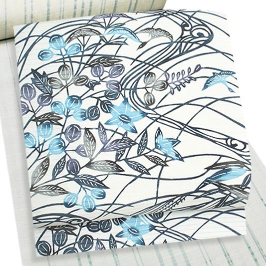 名古屋帯 江戸紅型 夏物 白地 カジュアル 桔梗 萩 すすき 鳥 秋草 紅型  