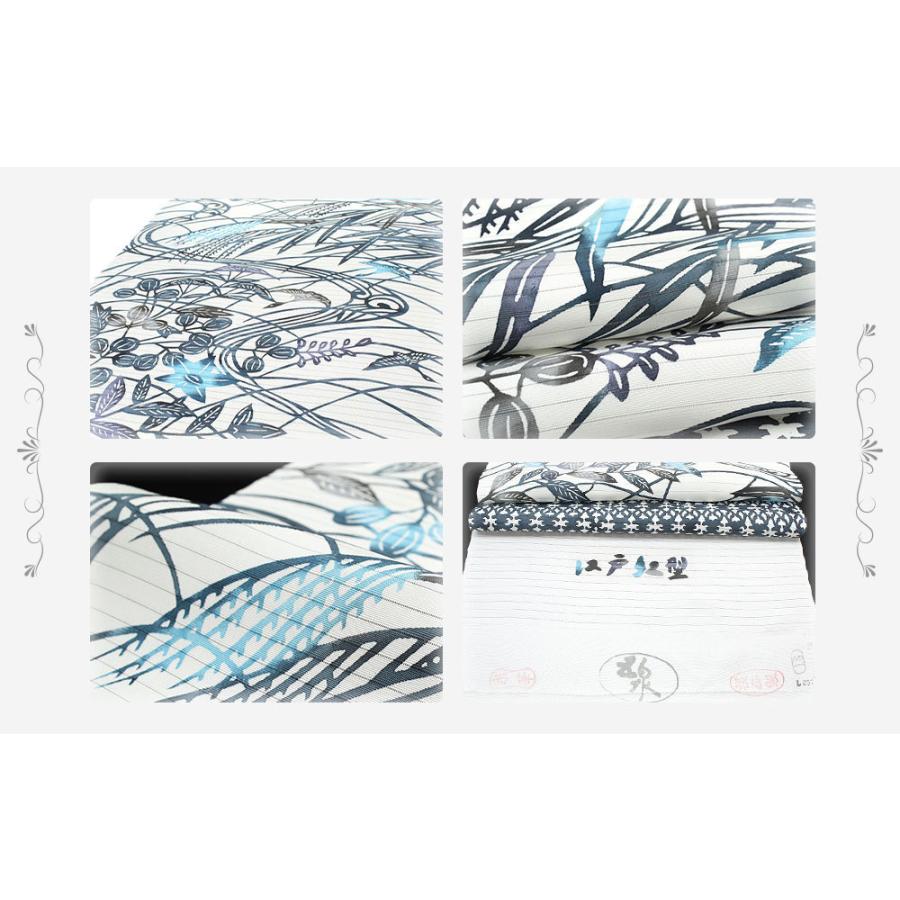 名古屋帯 江戸紅型 夏物 白地 カジュアル 桔梗 萩 すすき 鳥 秋草 紅型  