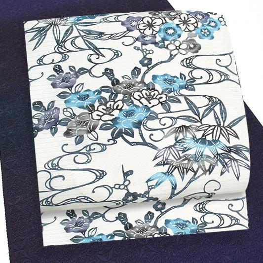 名古屋帯 江戸紅型 夏物 白地 カジュアル 椿 梅 笹 紅型染 塩瀬 五泉  