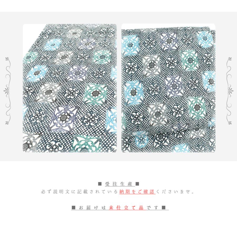 名古屋帯 江戸紅型 夏物 カジュアル 藍色 西洋華文 紅型染 塩瀬 五泉 絽 正絹 九寸 反物 未仕立て 着物 No.88-0824の画像