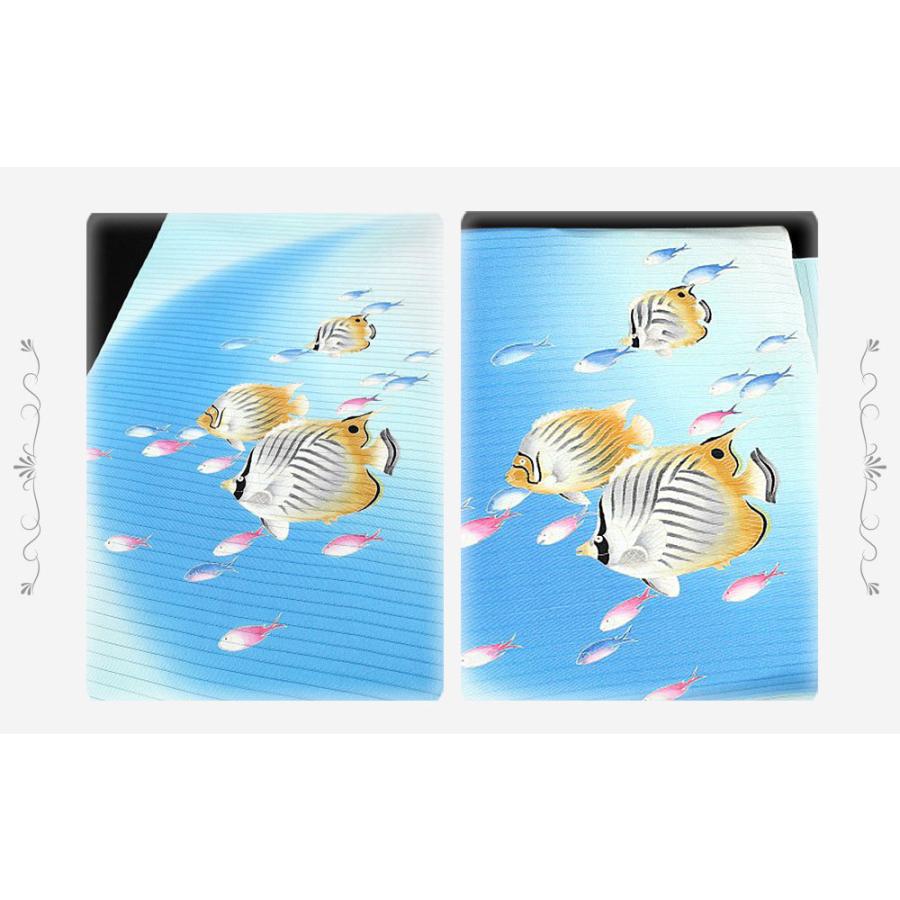 夏物 名古屋帯 十日町友禅 塩瀬 秀美 絽 水色 熱帯魚 トゲ