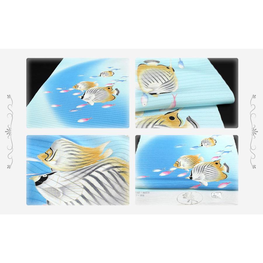 夏物 名古屋帯 十日町友禅 塩瀬 秀美 絽 水色 熱帯魚 トゲ