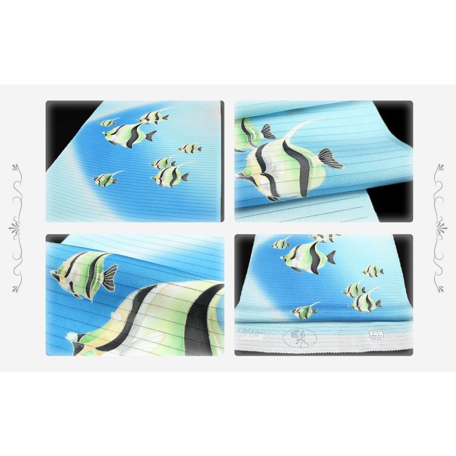 夏物 名古屋帯 十日町友禅 塩瀬 秀美 絽 水色 熱帯魚 エンゼルフィッシュ 九寸 反物 正絹 本加工友禅 九寸 新品 未仕立て お洒 No.88-0829の画像