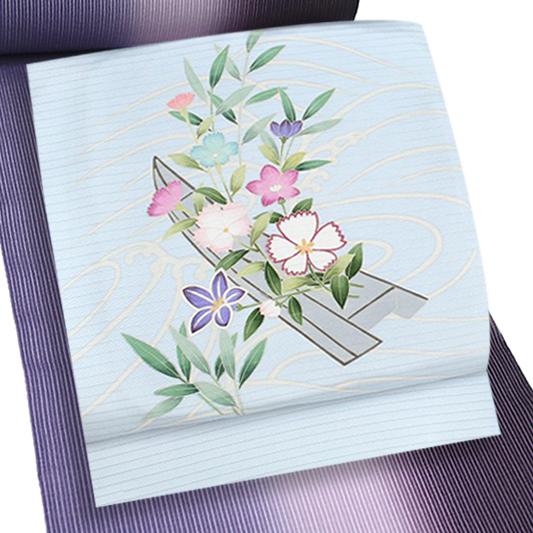 夏物 名古屋帯 十日町友禅 塩瀬 秀美 絽 ブルーグレー 撫子 桔梗 花船  