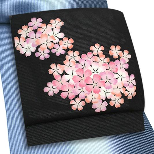 夏物 名古屋帯 十日町友禅 塩瀬 秀美 絽 黒地 撫子 九寸 反物 正絹 本加工友禅 九寸 新品 未仕立て お洒落着 反物 十日町友禅 No.88-0840