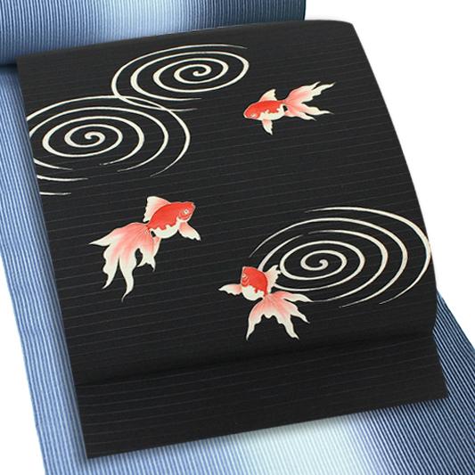 夏物 名古屋帯 十日町友禅 塩瀬 秀美 絽 黒地 金魚 きんぎょ 九寸 反物 正絹 本加工友禅 九寸 新品 未仕立て お洒落着 反物 十 No.88-0986