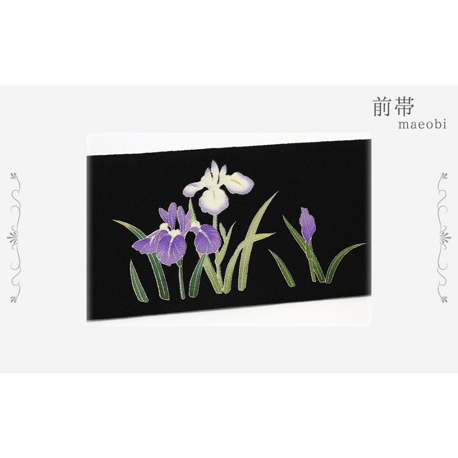 名古屋帯 十日町友禅 秀美 黒地 杜若 九寸 反物 正絹 本加工友禅 九寸 新品 未仕立て お洒落着 反物 十日町友禅 秀美 ちりめん No.88-1183の画像