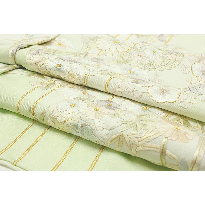 訪問着 手刺繍 正絹 薄黄緑 菊 梅 竹 笹 花の丸 最高級丹後ちりめん 仮