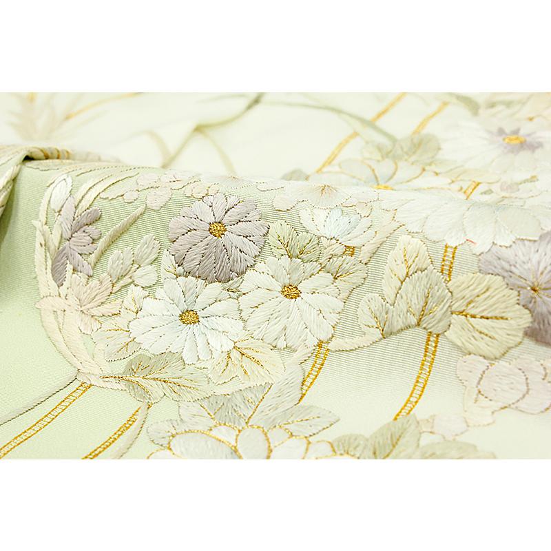 訪問着 手刺繍 正絹 薄黄緑 菊 梅 竹 笹 花の丸 最高級丹後ちりめん 仮