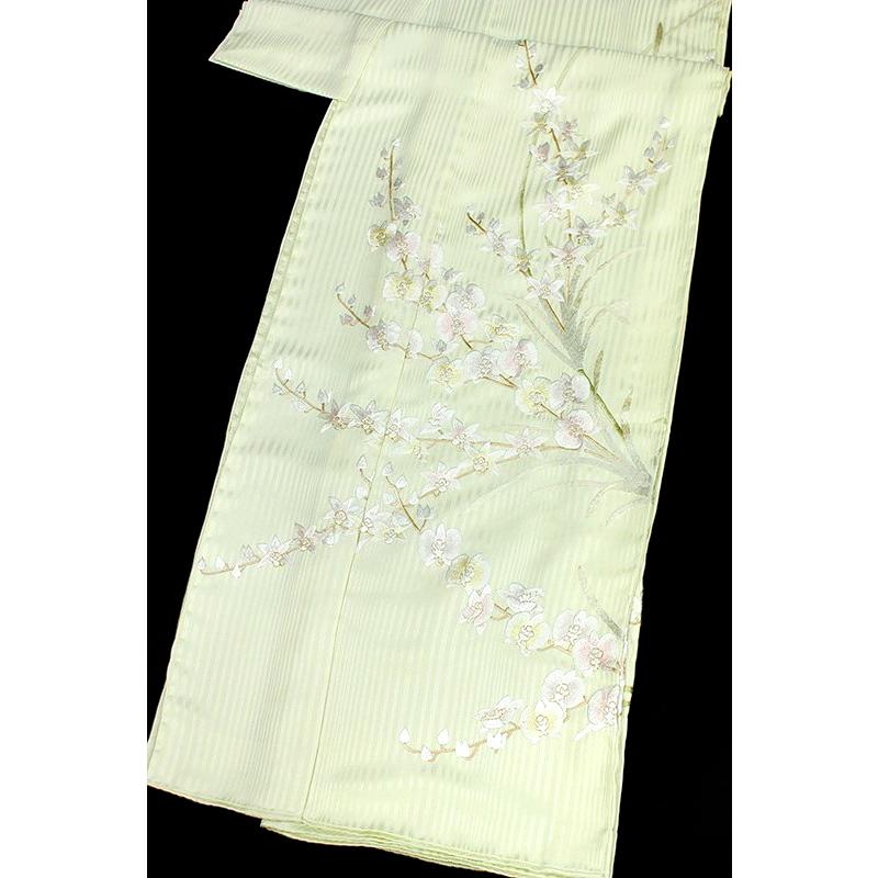 訪問着 手刺繍 正絹 薄黄緑 蘭 花 縞 最高級丹後ちりめん 友禅染 仮絵