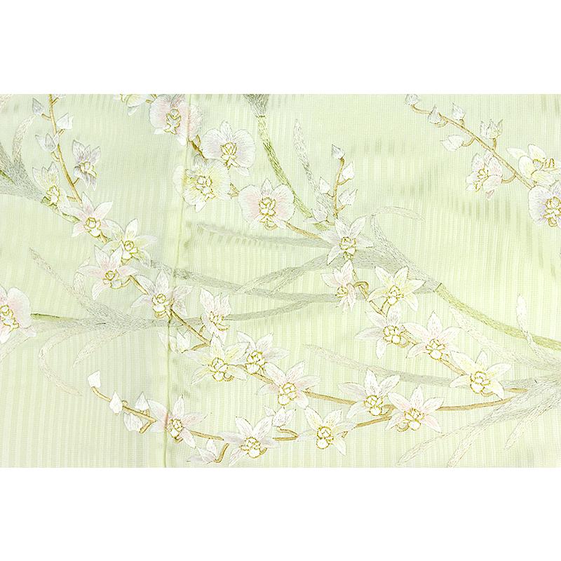 訪問着 手刺繍 正絹 薄黄緑 蘭 花 縞 最高級丹後ちりめん 友禅染 仮絵