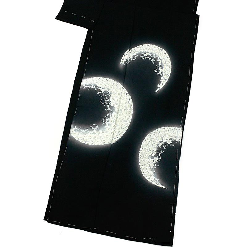 訪問着 手刺繍 正絹 黒地 三日月 桜 菊 ぼかし 最高級丹後ちりめん 仮