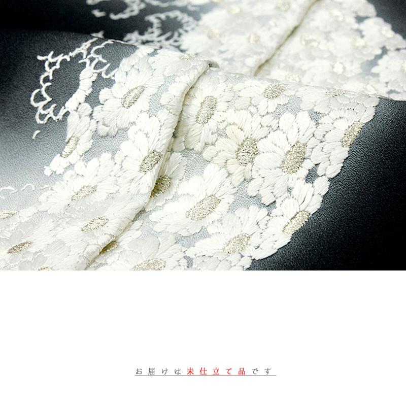 訪問着 手刺繍 正絹 黒地 三日月 桜 菊 ぼかし 最高級丹後ちりめん 仮