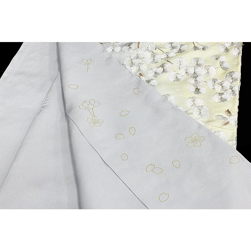 訪問着 手刺繍 正絹 ライトグレー クリーム色 八重桜 桜 ぼかし 綸子 