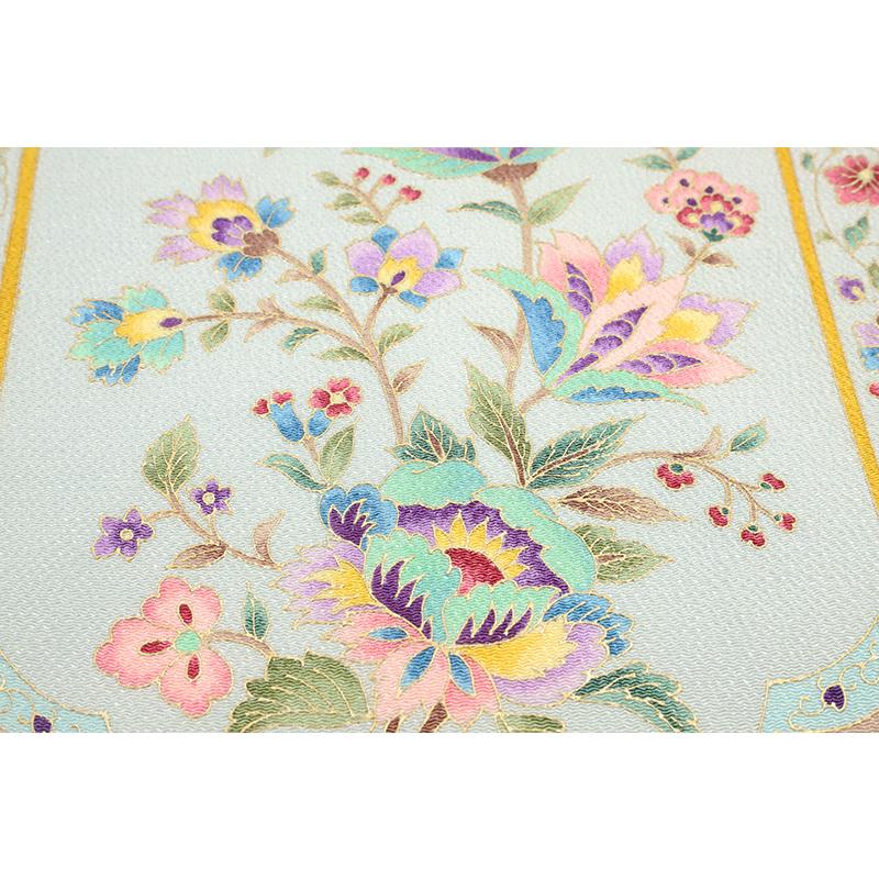 岡重 名古屋帯 伊と幸 夏物 カジュアル 水色 更紗 花唐草 正絹 本加工  