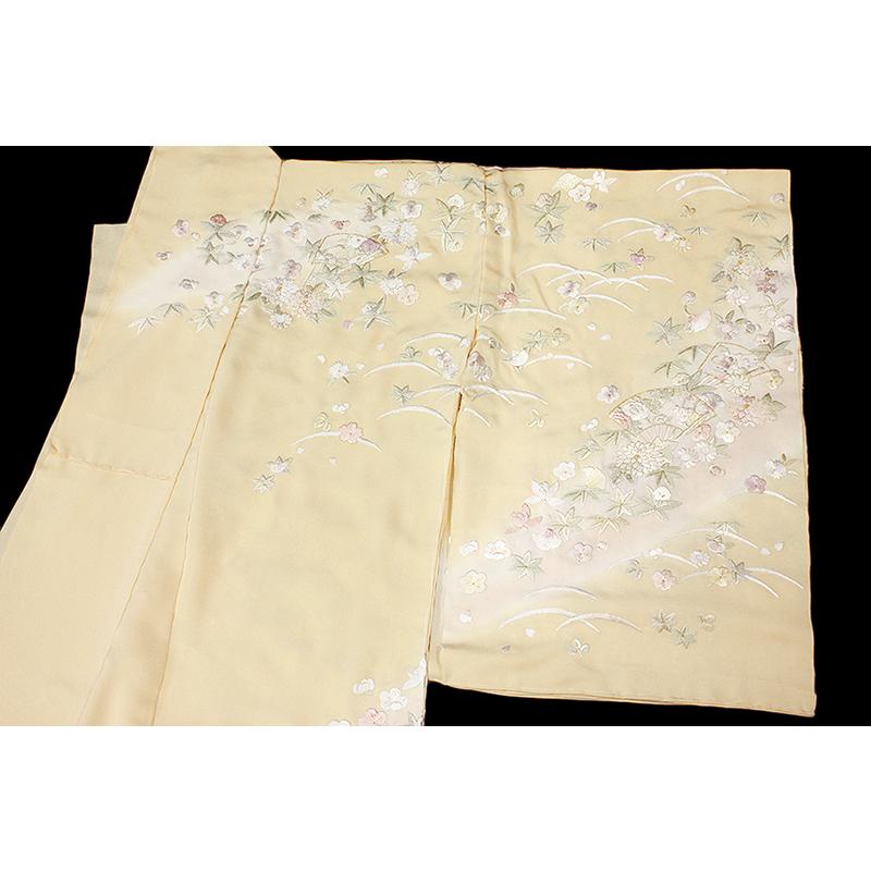 訪問着 手刺繍 正絹 肌色 扇 菊 牡丹 梅 笹 露芝 楓 銀杏 橘 花 最高級 