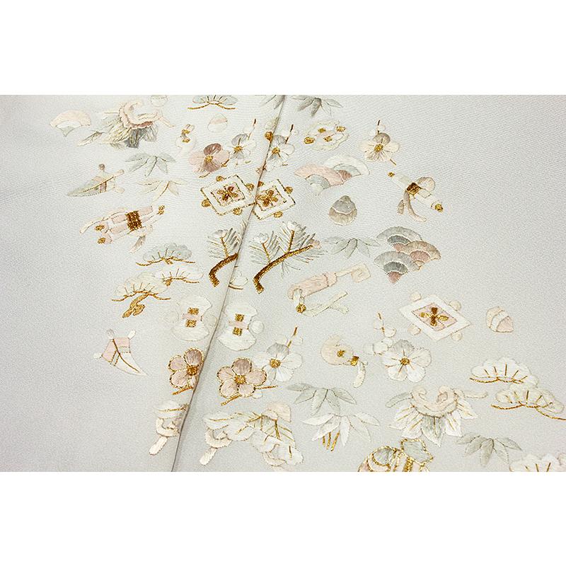 訪問着 手刺繍 正絹 ライトグレー 薄灰色 宝尽くし 松竹梅 最高級丹後 