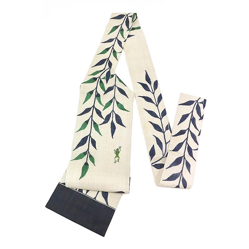 栗山吉三郎 名古屋帯 栗山紅型 夏物 和染紅型 紅型染 濃紺色 蛙 カエル 