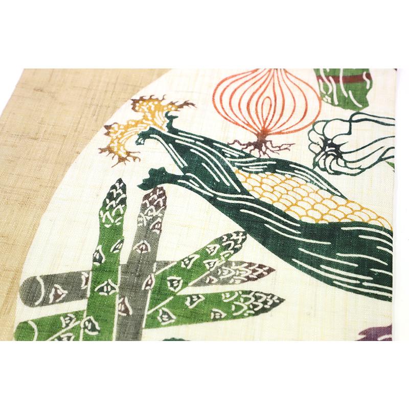 栗山吉三郎 栗山紅型 名古屋帯 夏物 渋ベージュ 野菜 アスパラ 