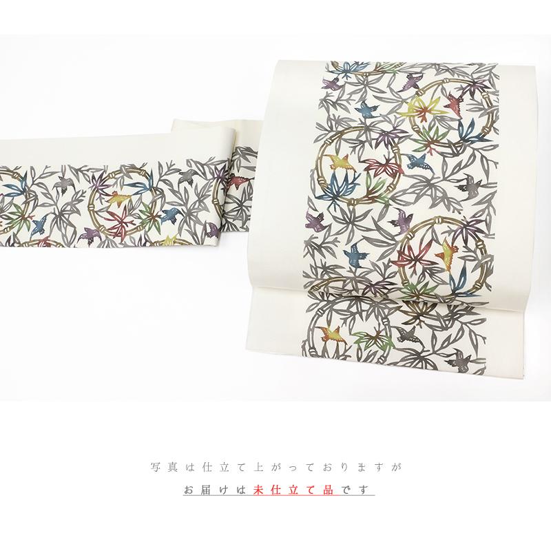 江戸紅型 名古屋帯 紅型染 最駒塩瀬 五泉 白地 竹に雀 すずめ 正絹