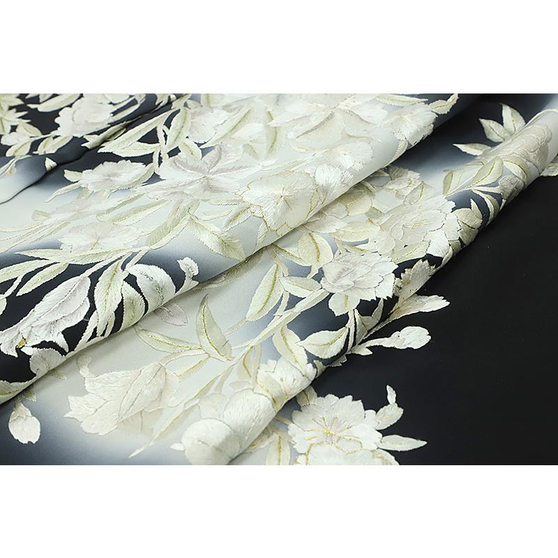 訪問着 手刺繍 正絹 黒地 桜 牡丹 蘭 楓 友禅ぼかし染め 最高級丹後
