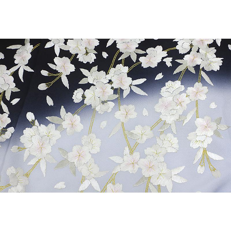 訪問着 手刺繍 正絹 黒地 薄ブルーグレー 桜 枝垂れ桜 蘭 ラン ぼかし 